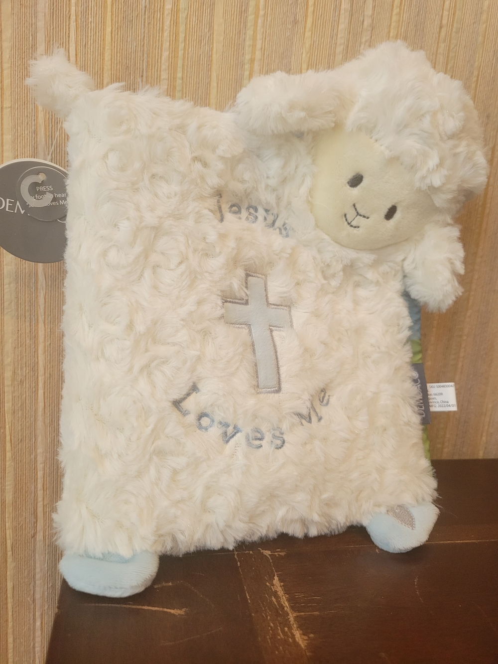 Demdaco Musical White Plush Lamb Baby Book with Light Blue Accents NWT